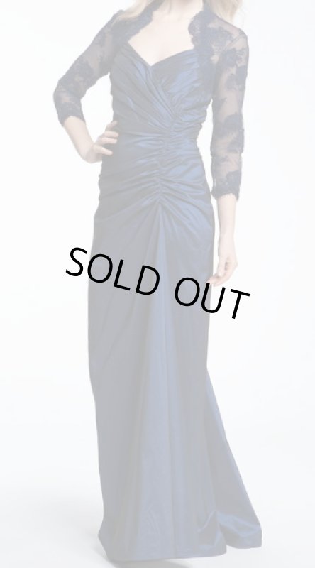 画像1: Tadashi Shoji　レースタフタギャザーロングドレス　ネイビー系 (1)