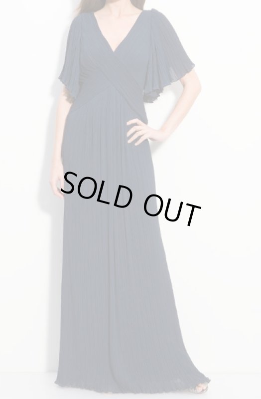画像1: Tadashi Shoji 　プリーツシフォンフラッタースリーブドレス　ネイビー系 (1)
