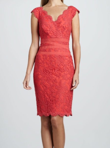 画像1: セール！Tadashi Shoji  タダシショージ    Scalloped-Neck Lace Cocktail Dress　レッド、オレンジ系  52505 (1)