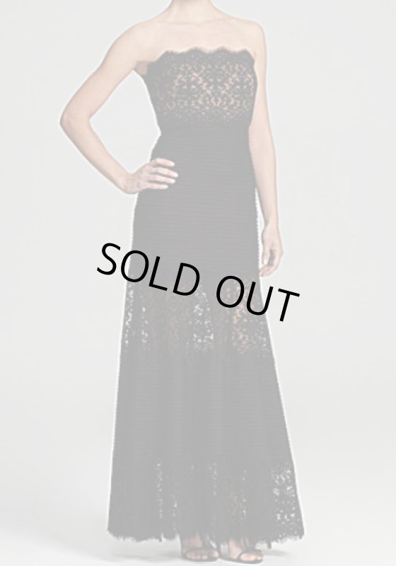 画像1: Tadashi Shoji      Pintuck Jersey and Lace Strapless Gown ブラック (1)