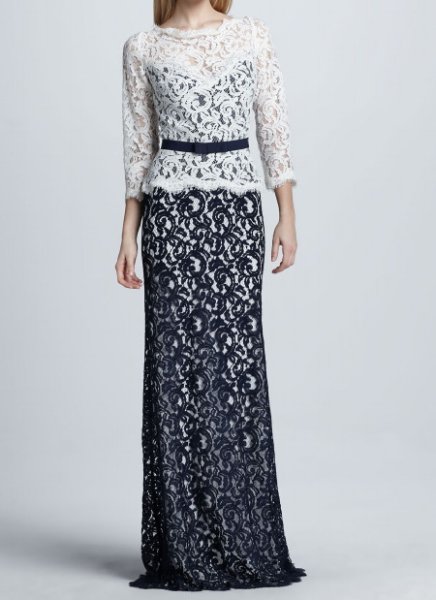 画像1: Tadashi Shoji    Two-Tone Lace Combo Gown 　ネイビー系 (1)