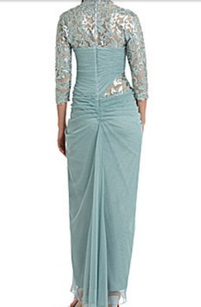 画像1: Tadashi Shoji    Lace Sleeves Draped Gown　ブルー系