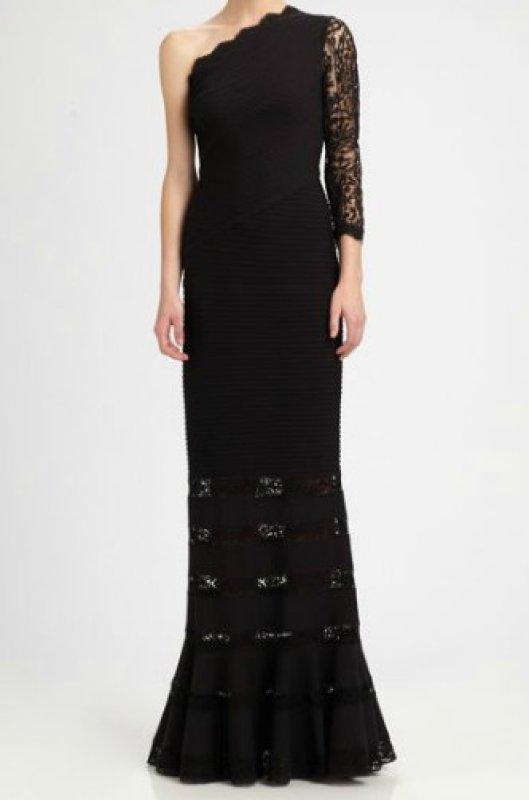 画像1: Tadashi Shoji　　　　Lace-Trimmed Pintuck Gown ブラック (1)