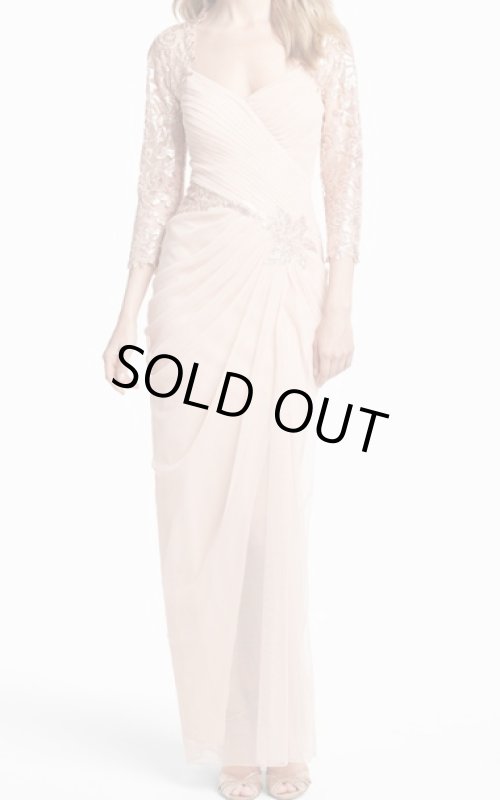 画像1: Tadashi Shoji Lace Sleeves Draped Gown   PRIMROSE ピンク系 (1)
