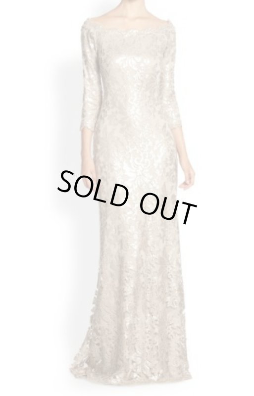 画像1: Tadashi Shoji    Sequined Lace Boatneck Gown ベージュ系 (1)