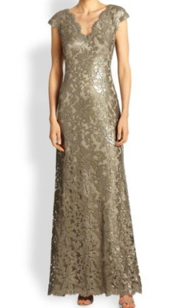 画像1: Tadashi Shoji 　Sequined Lace V-Neck Gown スモークパール (1)