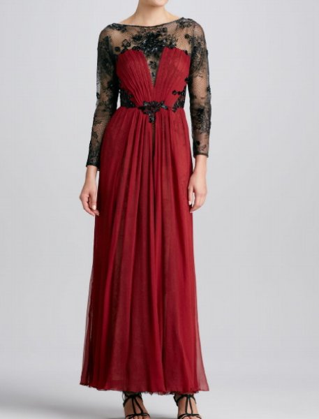 画像1: 【雑誌掲載】Tadashi Shoji      Long-Sleeve Lace & Chiffon Gown レッド系 (1)