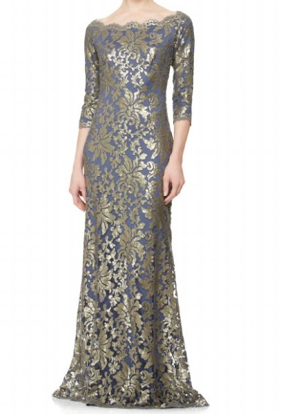 画像1: Tadashi Shoji 　　Sequined Lace Boatneck Gown ネイビー (1)