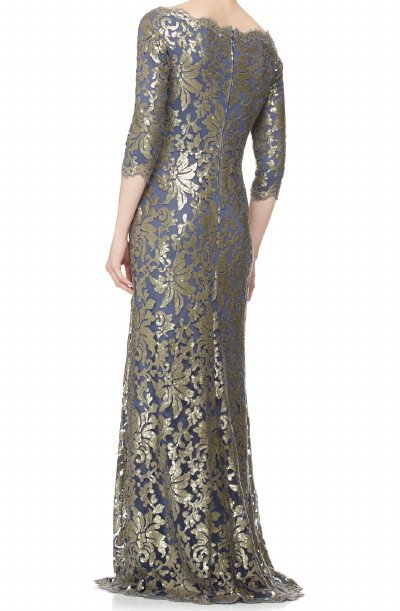 画像1: Tadashi Shoji 　　Sequined Lace Boatneck Gown ネイビー