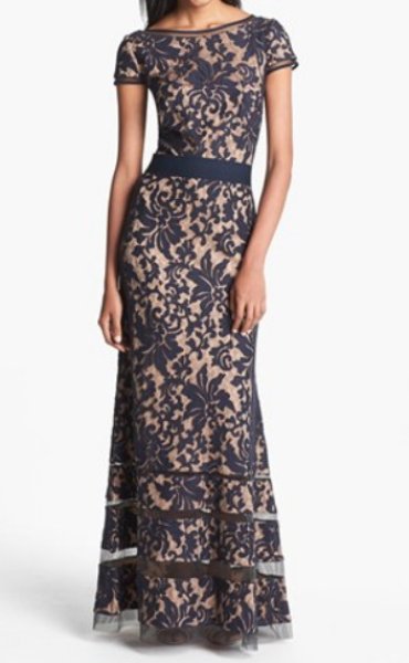 画像1: Tadashi Shoji  Cap Sleeve Lace Gown  ネイビー (1)