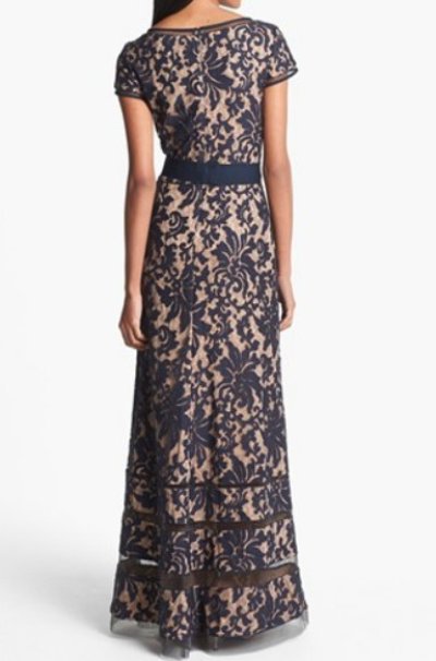 画像1: Tadashi Shoji  Cap Sleeve Lace Gown  ネイビー