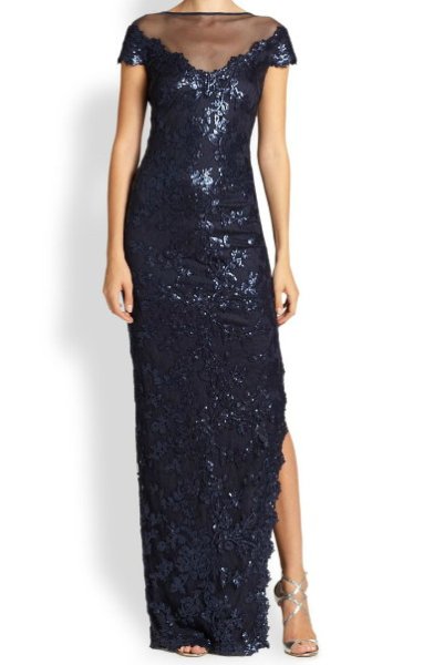 画像1: Tadashi Shoji   Off-The-Shoulder Sequin Gown　ネイビー系 (1)