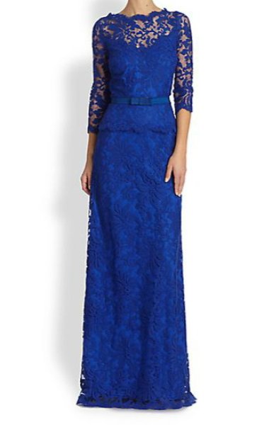 画像1: Tadashi Shoji     Three-Quarter Sleeve Lace Peplum Gown　ブルー系 (1)