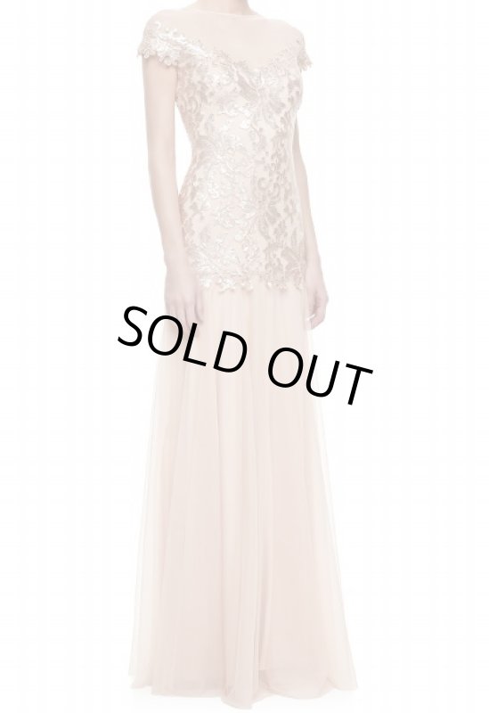 画像1: Tadashi Shoji     Illusion-Neck Lace Chiffon Gown ピンク系 (1)