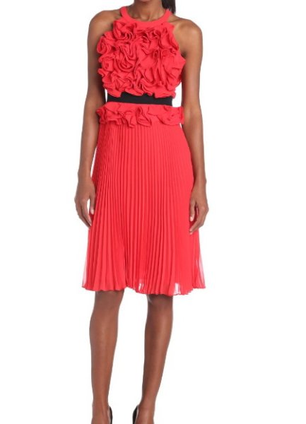 画像2: BCBGMAXAZRIA　　　フローラルアップリケプリーツドレス レッド (2)