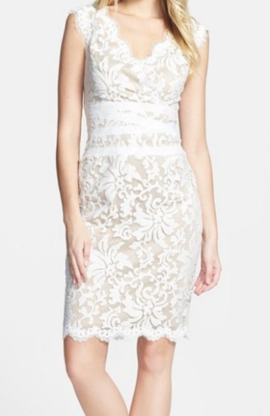 画像1: 【HERS掲載】Tadashi Shoji　 Scalloped-Neck Lace Cocktail Dress　アイボリー (1)