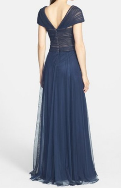 画像1: Tadashi Shoji 　　Portrait Collar Pleated Mesh Gown ネイビー