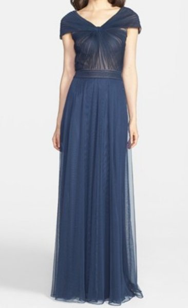 画像1: Tadashi Shoji 　　Portrait Collar Pleated Mesh Gown ネイビー (1)