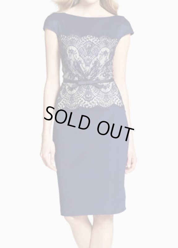 画像1: 再販売！【笛吹　雅子さんご着用】 Tadashi Shoji 　 Lace-Overlay Neoprene Dress　ネイビー (1)