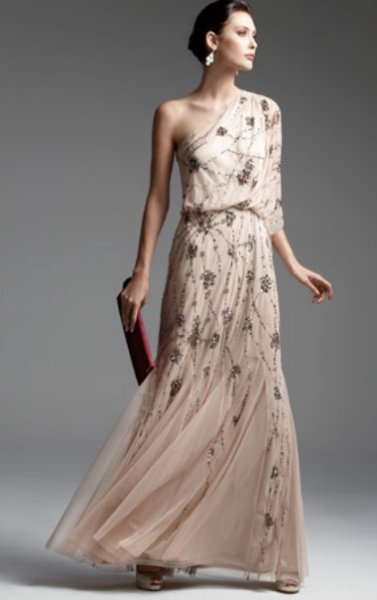 画像1: 【Ali Fedowtowsky愛用】Adrianna Papell アドリアナパペル　　Beaded One-Shoulder Gown ヌード (1)