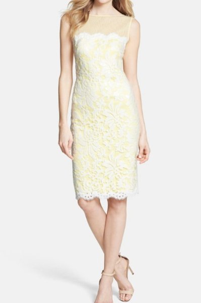 画像1: 【八木早希さん、アカデミー賞ご着用】Tadashi Shoji      Illusion Yoke Embroidered Lace Sheath Dress  41907 (1)