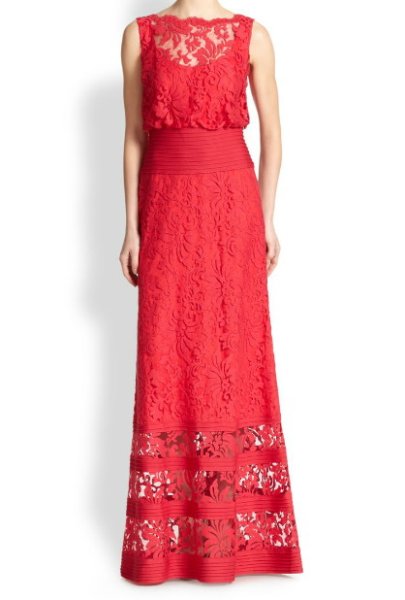 画像1: 【ミス日本ご着用】Tadashi Shoji    Lace Banded-Waist Gown　 レッド系 (1)