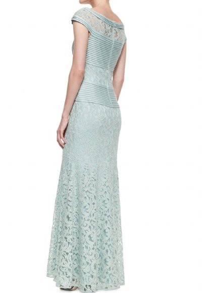 画像1: Tadashi Shoji    Cap-Sleeve Lace Woven-Waist Gown ブルー系