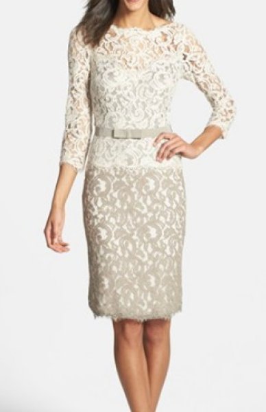 画像1: Tadashi Shoji      Two-Tone Lace Sheath Dress ベージュ系 (1)