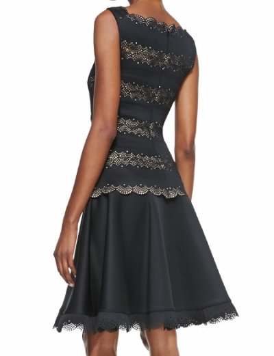 画像1: Tadashi Shoji    Sleeveless Fit-&-Flare Lace Dress ブラック