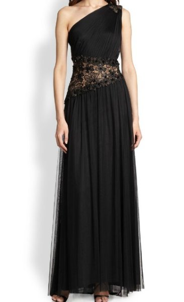 画像1: Tadashi Shoji    Tulle One-Shoulder Gown ブラック (1)