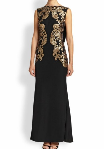 画像1: Tadashi Shoji　　　Embellished Metallic-Lace Gown ブラック (1)