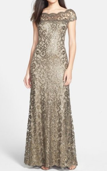 画像1: Tadashi Shoji   　Illusion Yoke Sequin Embroidered Trumpet Gown　スモークパール (1)