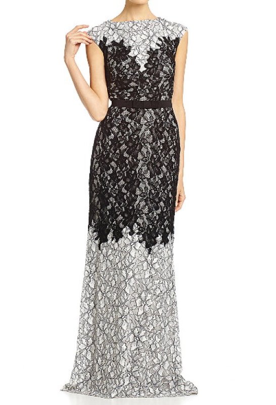 画像1: 再販売！【中山忍さん、ドラマ「ConneXion」に衣装提供】Tadashi Shoji  タダシショージ   Two-Tone Floral Lace Gown　ブラック系  10701 (1)