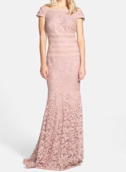 画像1: Tadashi Shoji Textured Lace Mermaid Gown  アンティークピンク (1)