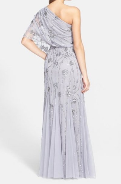 画像1: Adrianna Papell 　　Beaded One-Shoulder Gown シルバーグレー