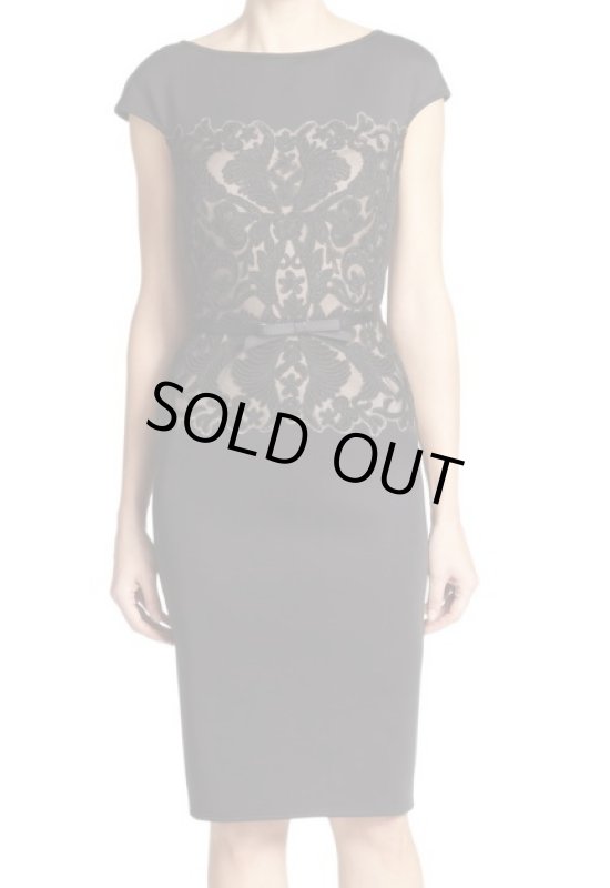 画像1: Tadashi Shoji    Belted Lace-Bodice Sheath Dress ブラック (1)