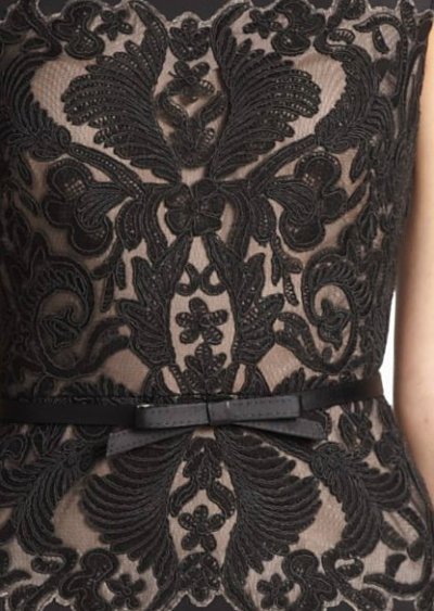 画像1: Tadashi Shoji    Belted Lace-Bodice Sheath Dress ブラック