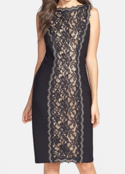 画像1: 【浅野ゆう子さんご着用】Tadashi Shoji     Lace & Pintuck Jersey Sheath Dressブラック  (1)