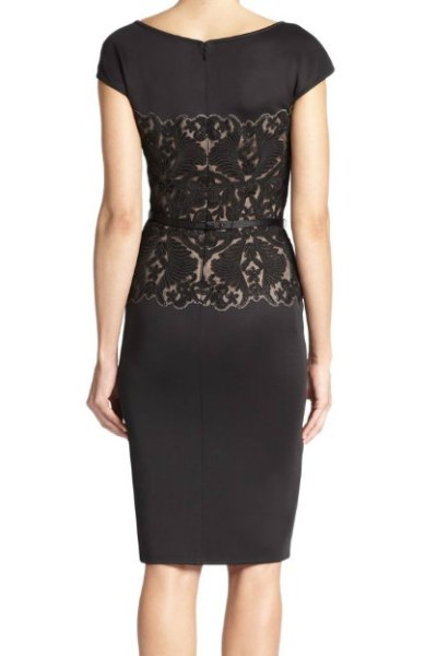 画像2: Tadashi Shoji    Belted Lace-Bodice Sheath Dress ブラック