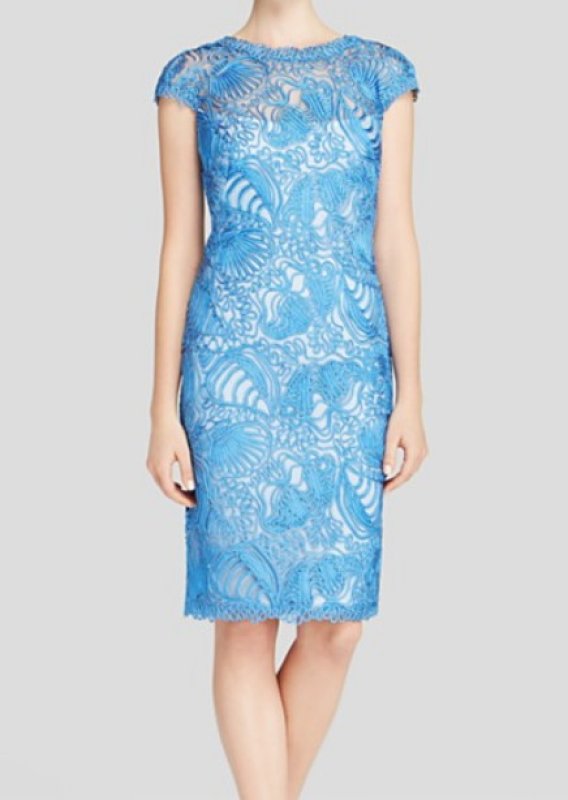 画像1: 【田中美里さんご着用】Tadashi Shoji　　　Cap Sleeve Lace Sheath dress ブルー系 (1)