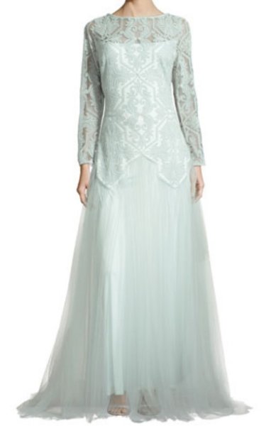 画像1: Tadashi Shoji    Long-Sleeve Lace & Tulle Gown ブルー系 (1)