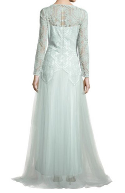 画像1: Tadashi Shoji    Long-Sleeve Lace & Tulle Gown ブルー系