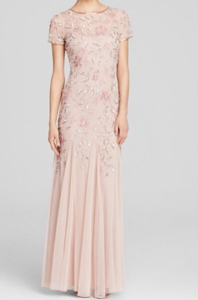 画像4: Adrianna Papell アドリアナパペル Hand Beaded Short Sleeve Floral Godet Gown BLUSH (4)