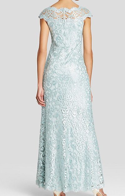 画像1: Tadashi Shoji　　 Off-The-Shoulder Sequined Lace Gown　ミント ブルー系