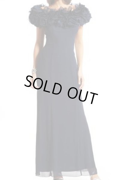 画像1: Tadashi Shoji  ローズラッフルロングドレス ネイビー系 (1)