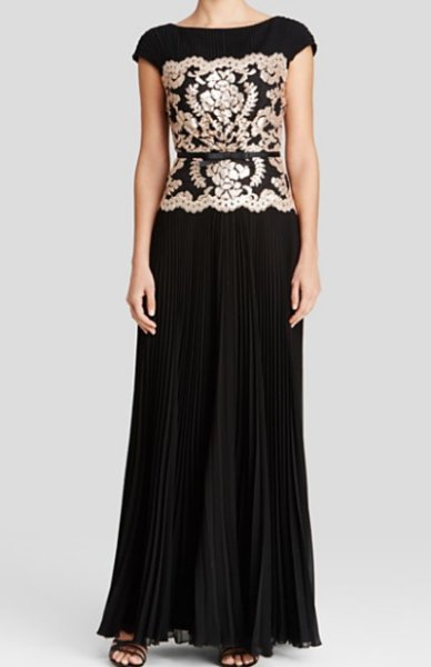 画像1: Tadashi Shoji    Neoprene Sequin Lace Bodice Gown ブラック (1)