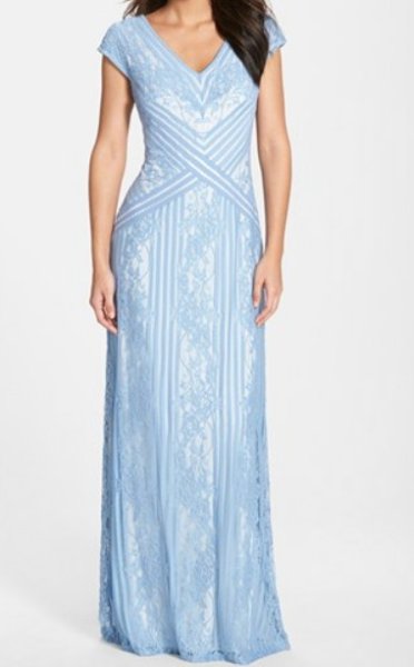 画像1: Tadashi Shoji    Stripe Lace V-Neck Gown　ブルー系 (1)