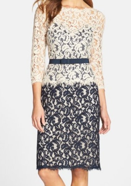 画像1: Tadashi Shoji      Two-Tone Lace Sheath Dress　 ラテ・ネイビー (1)