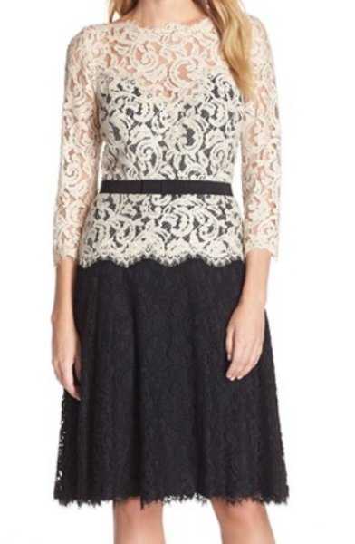 画像1: Tadashi Shoji      Belted Lace Contrast Dress　 ラテ・ブラック (1)