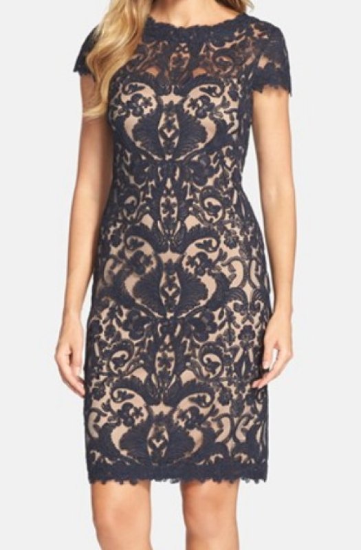 画像1: 【ヴァンサンカン掲載】Tadashi Shoji    Corded Embroidery on Tulle Cap Sleeve Dress　ブラック (1)